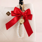 Charming Red Bow Keychain With Pearls Nestasia