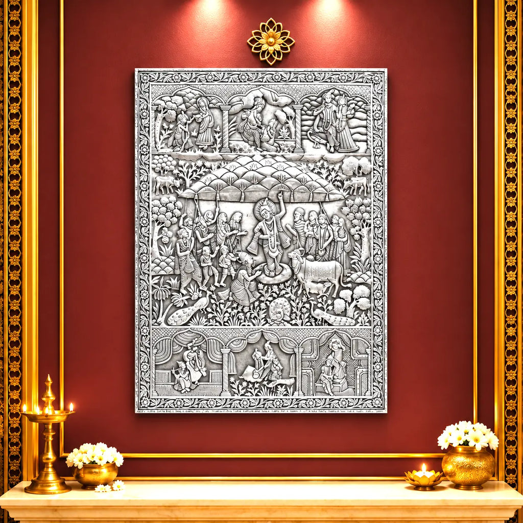 Govardhan Giridhari Krishna Silver Plated Copper Wall Hanging Vedansh Craft