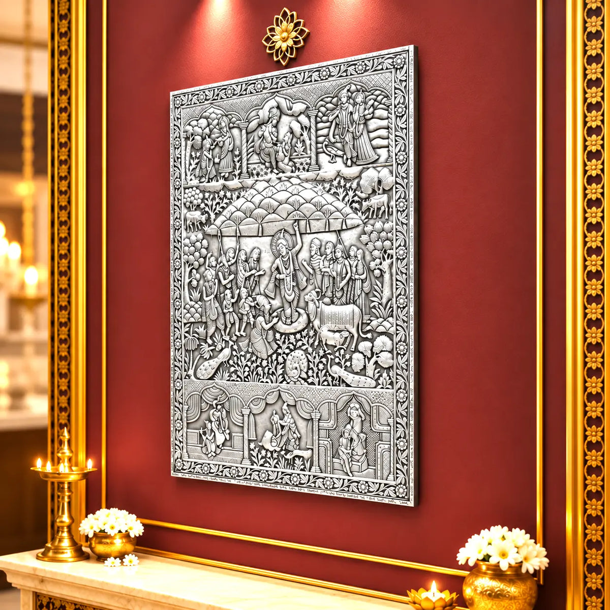 Govardhan Giridhari Krishna Silver Plated Copper Wall Hanging Vedansh Craft