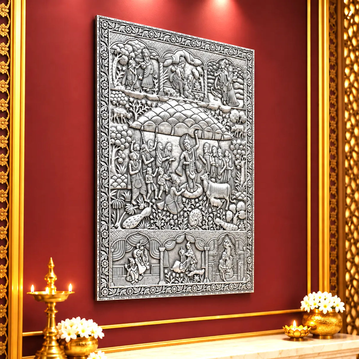 Govardhan Giridhari Krishna Silver Plated Copper Wall Hanging Vedansh Craft