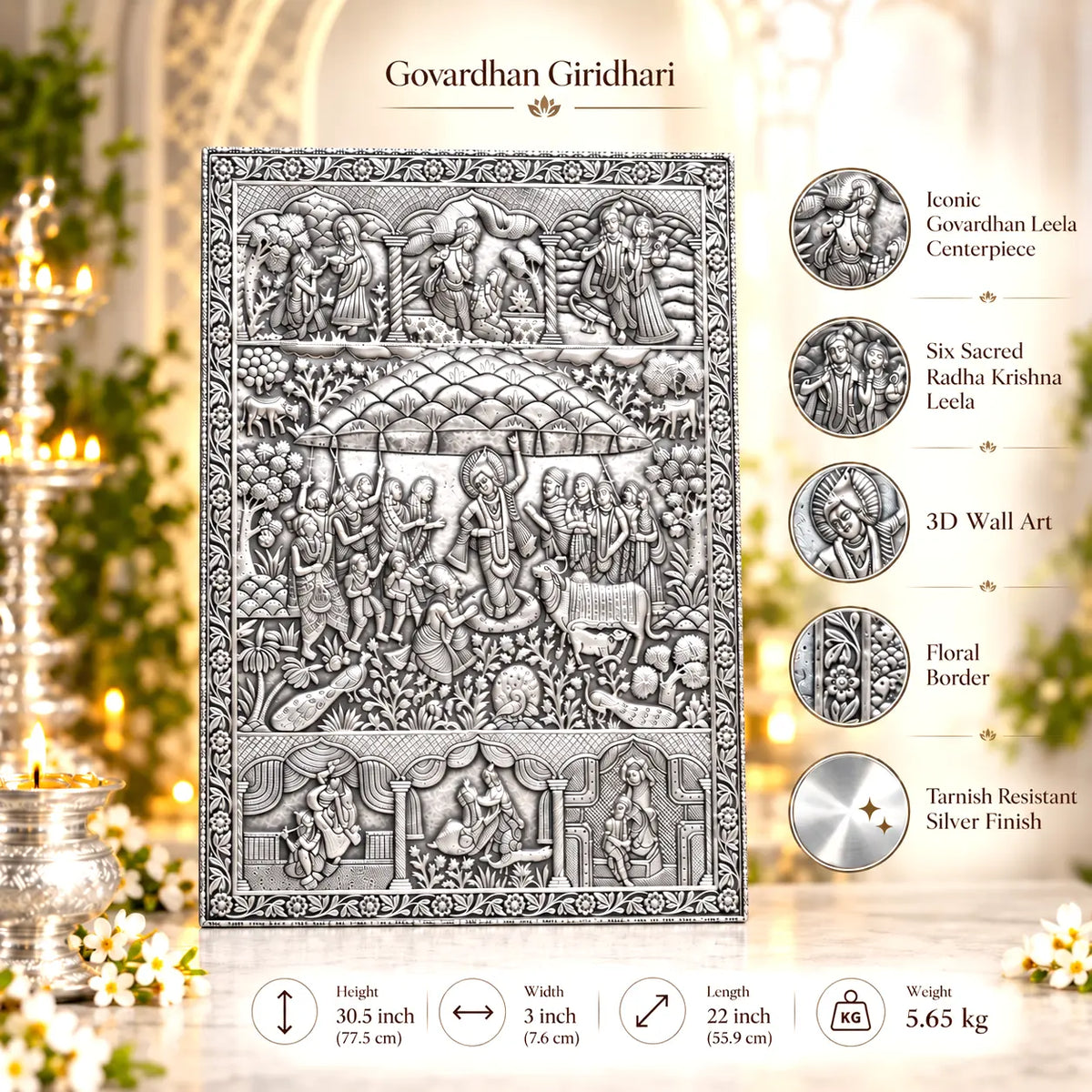 Govardhan Giridhari Krishna Silver Plated Copper Wall Hanging Vedansh Craft