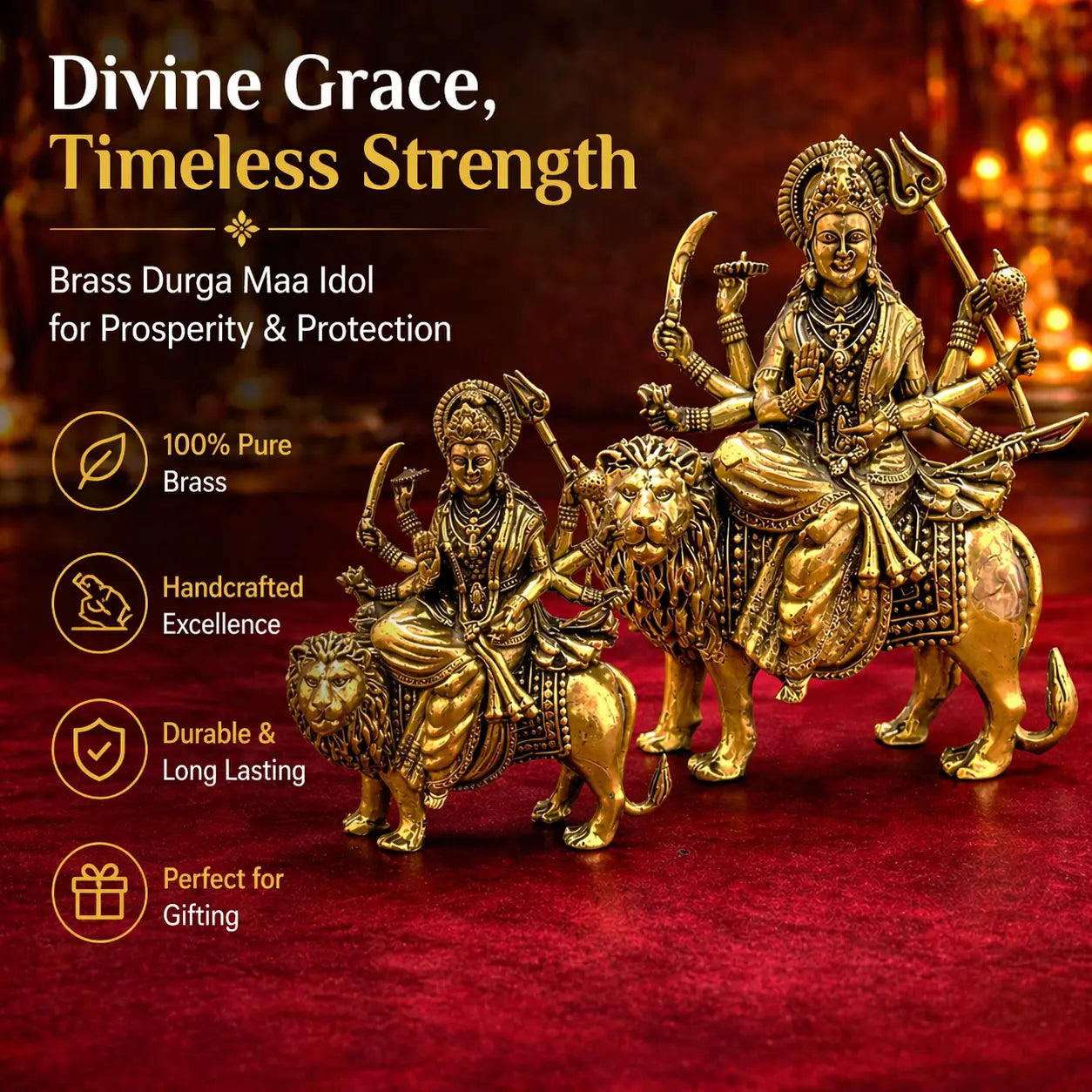 Brass Lightweight Goddess Durga Idol Sitting on Lion Vedansh Craft