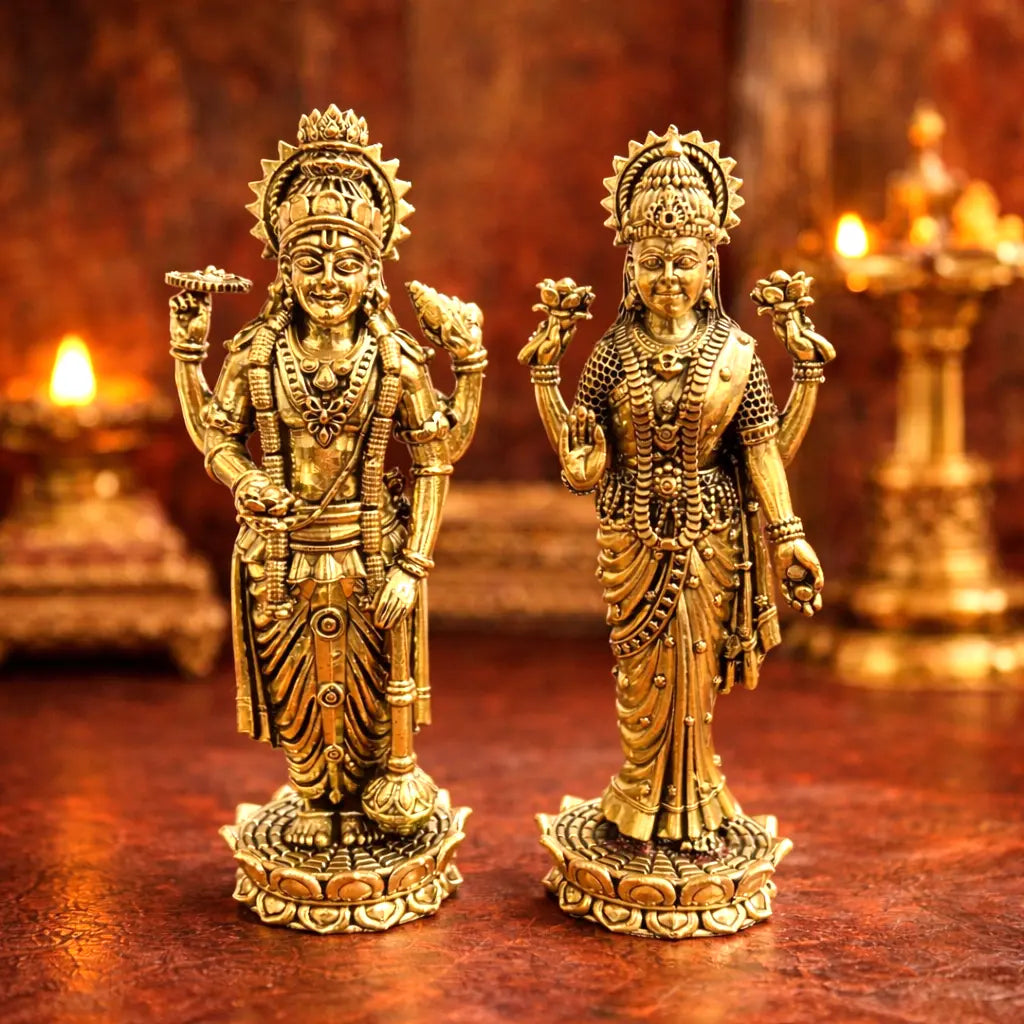 Brass Vishnu Lakshmi Standing Lightweight Idol Set (6 Inch) Vedansh Craft
