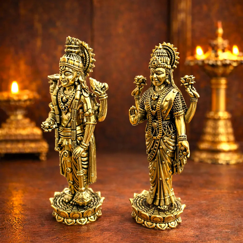 Brass Vishnu Lakshmi Standing Lightweight Idol Set (6 Inch) Vedansh Craft