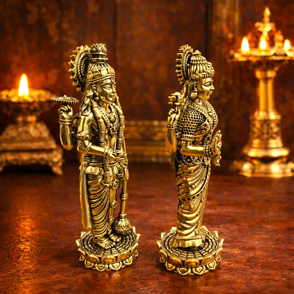 Brass Vishnu Lakshmi Standing Lightweight Idol Set (6 Inch) Vedansh Craft