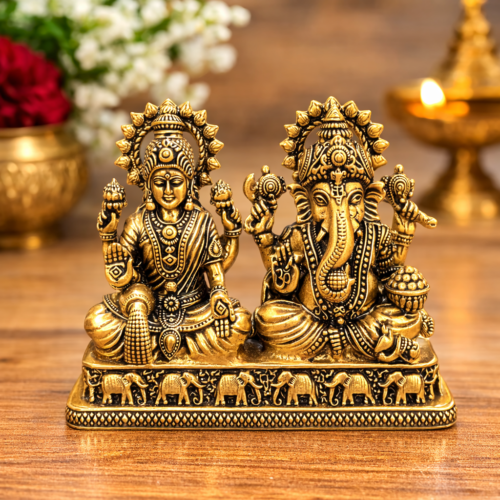 Brass Lightweight Sitting Ganesha and Lakshmi Idol (2.8 Inch) Vedansh Craft