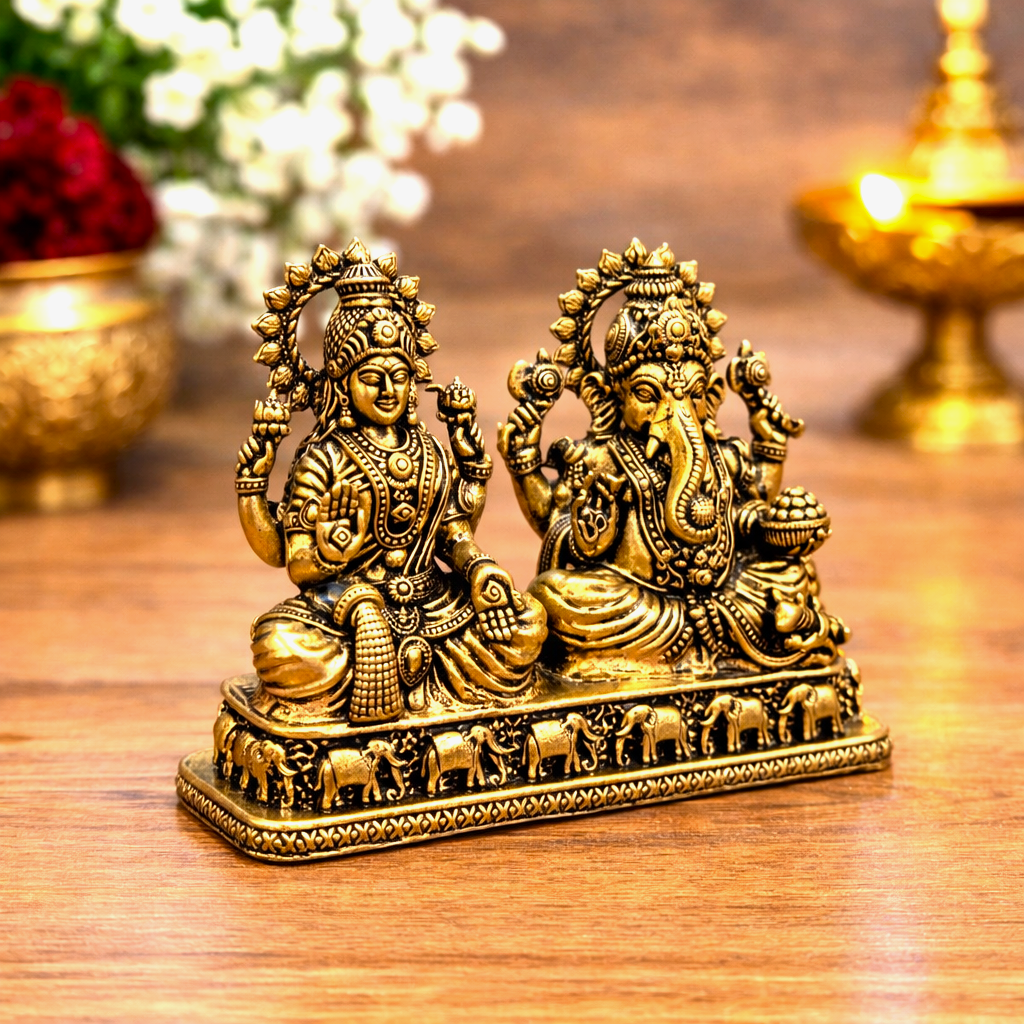 Brass Lightweight Sitting Ganesha and Lakshmi Idol (2.8 Inch) Vedansh Craft