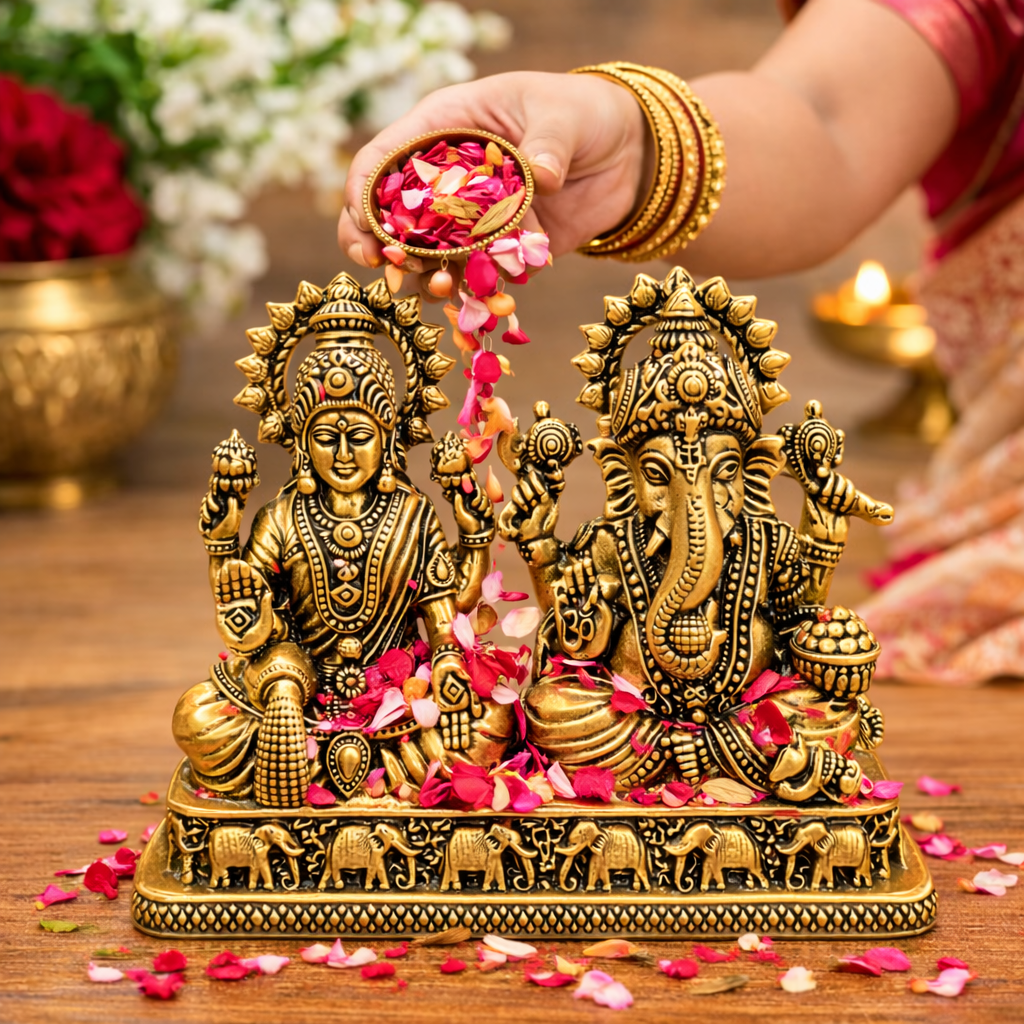 Brass Lightweight Sitting Ganesha and Lakshmi Idol (2.8 Inch) Vedansh Craft