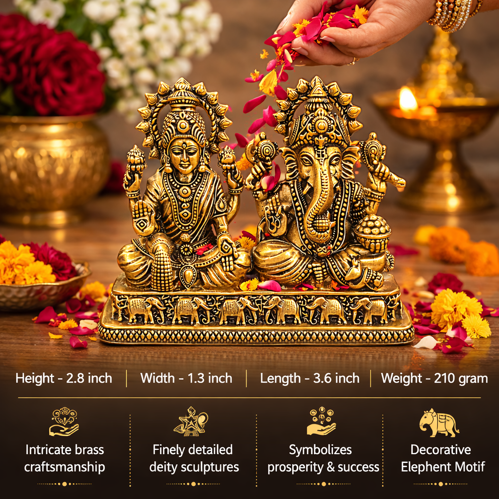 Brass Lightweight Sitting Ganesha and Lakshmi Idol (2.8 Inch) Vedansh Craft