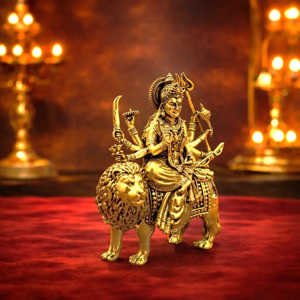 Brass Lightweight Goddess Durga Idol Sitting on Lion Vedansh Craft