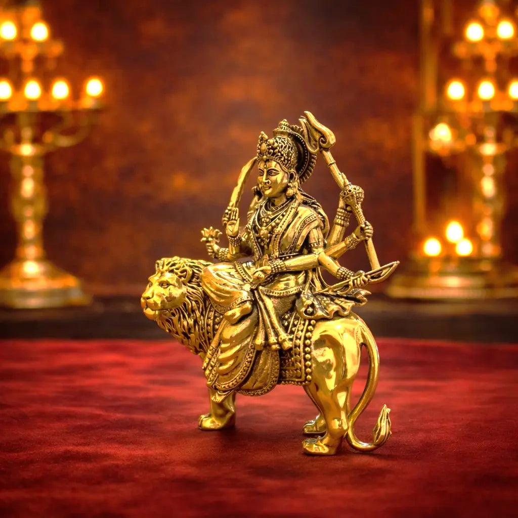 Brass Lightweight Goddess Durga Idol Sitting on Lion Vedansh Craft