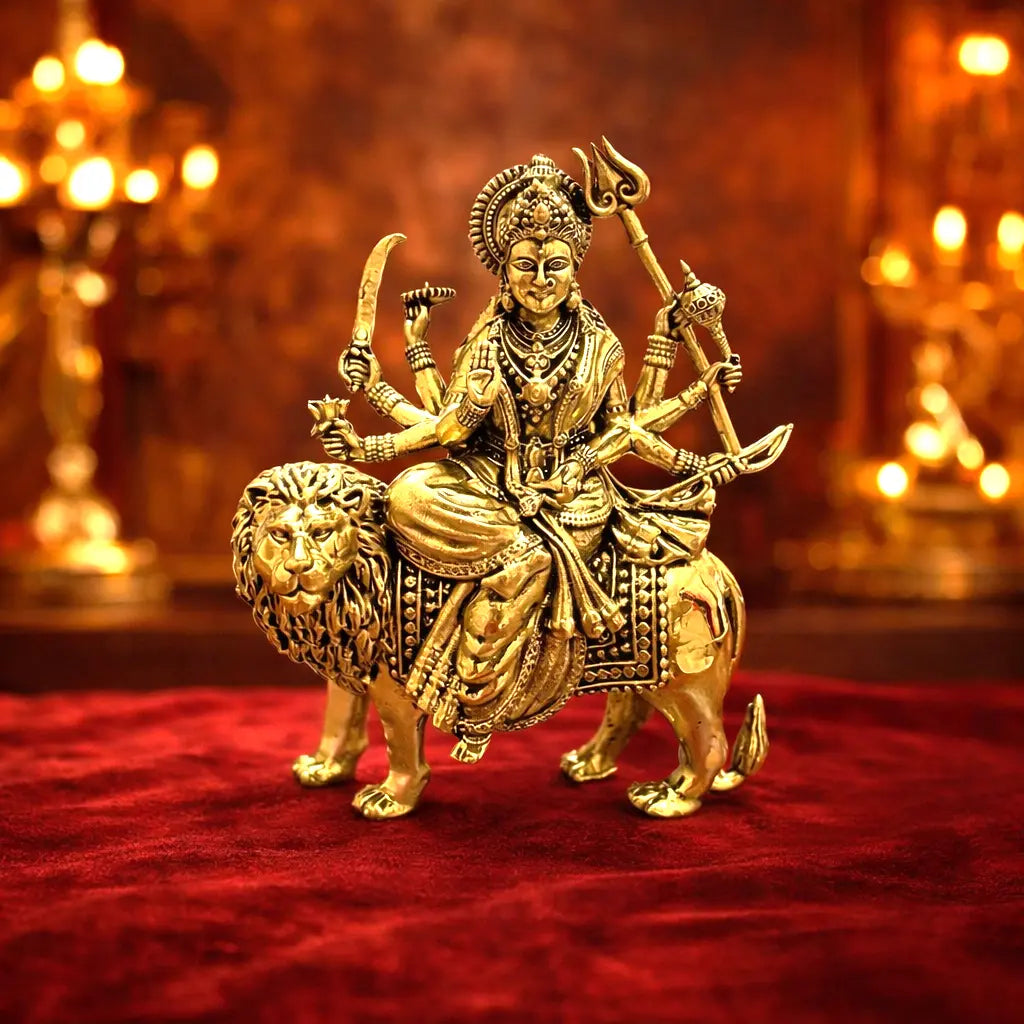 Brass Lightweight Goddess Durga Idol Sitting on Lion Vedansh Craft