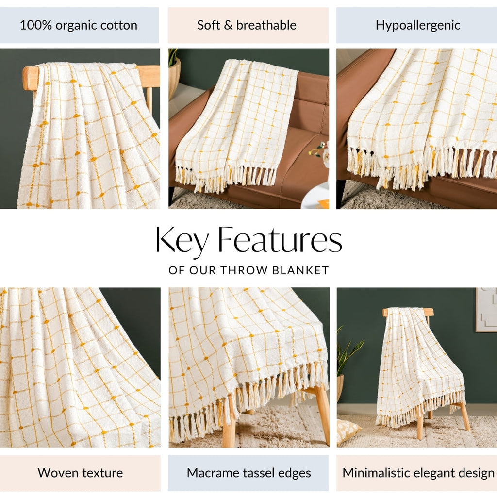 Checkered White And Mustard Yellow Tassel Cotton Throw Nestasia