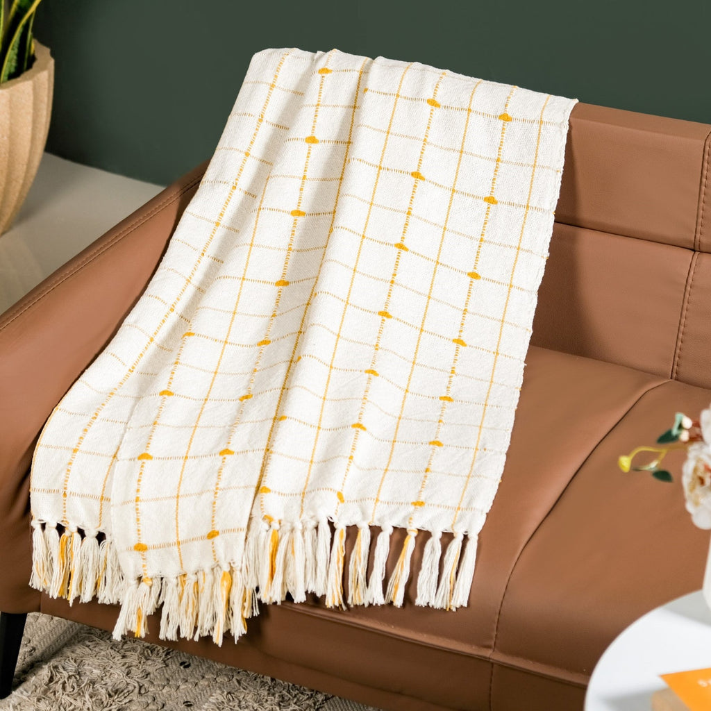 Checkered White And Mustard Yellow Tassel Cotton Throw Nestasia