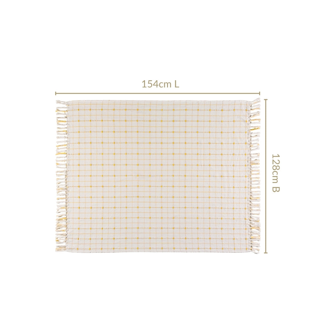 Checkered White And Mustard Yellow Tassel Cotton Throw Nestasia
