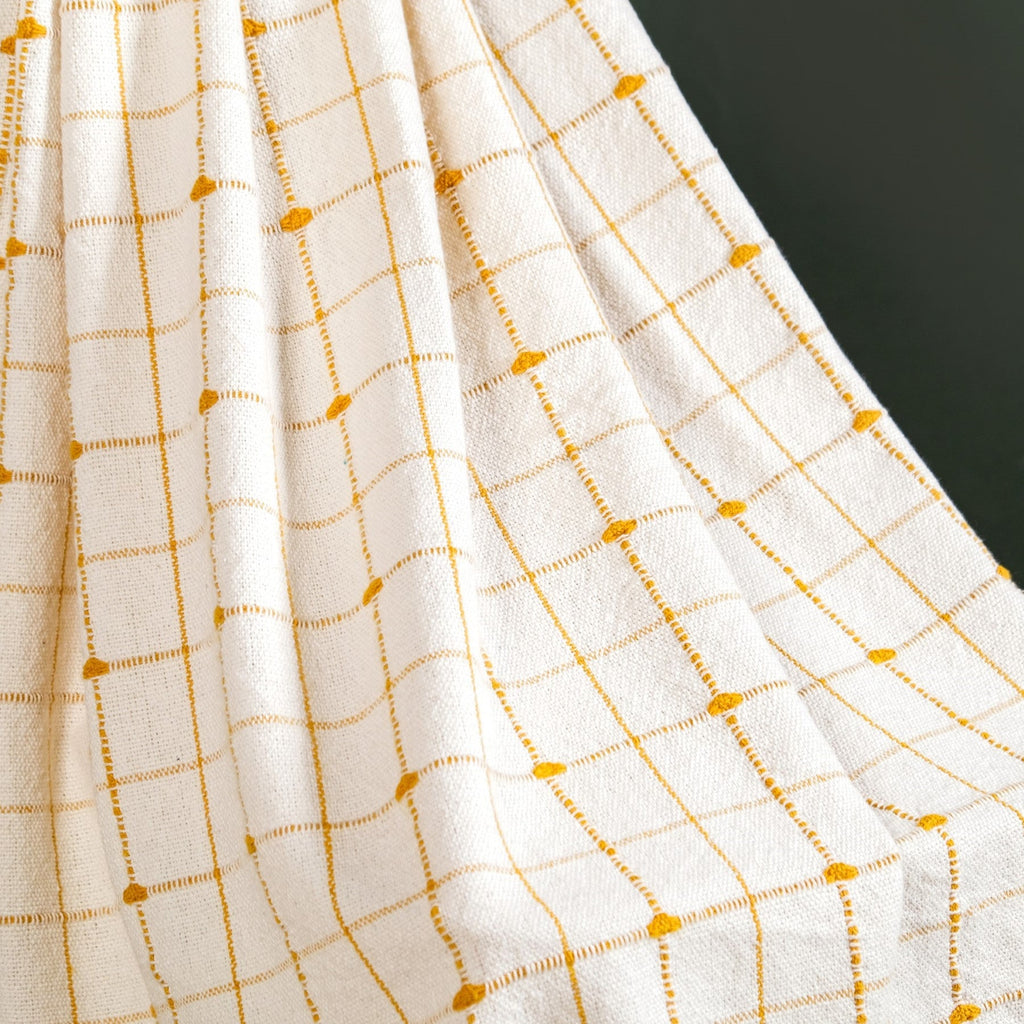 Checkered White And Mustard Yellow Tassel Cotton Throw Nestasia
