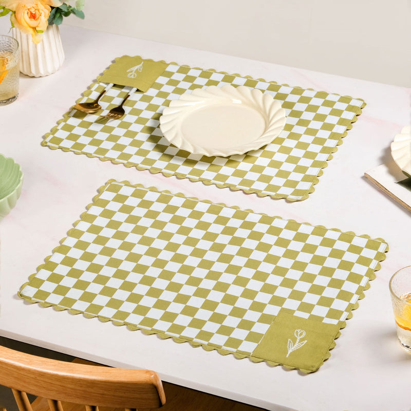 Checkered Embroidered Cotton Table Mat Green Set Of 6 Nestasia