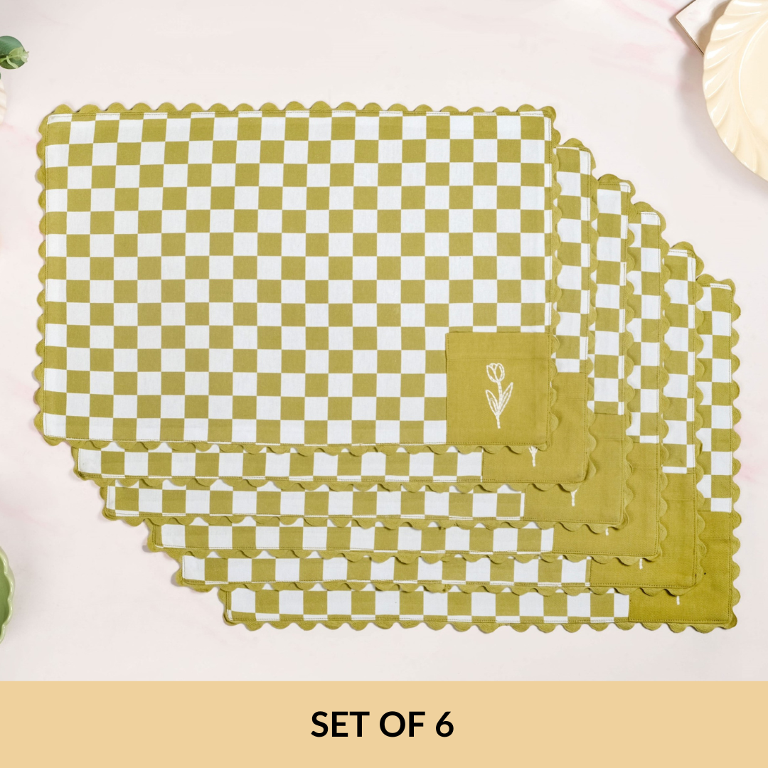 Checkered Embroidered Cotton Table Mat Green Set Of 6 Nestasia