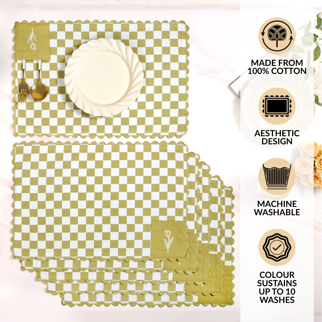 Checkered Embroidered Cotton Table Mat Green Set Of 6 Nestasia