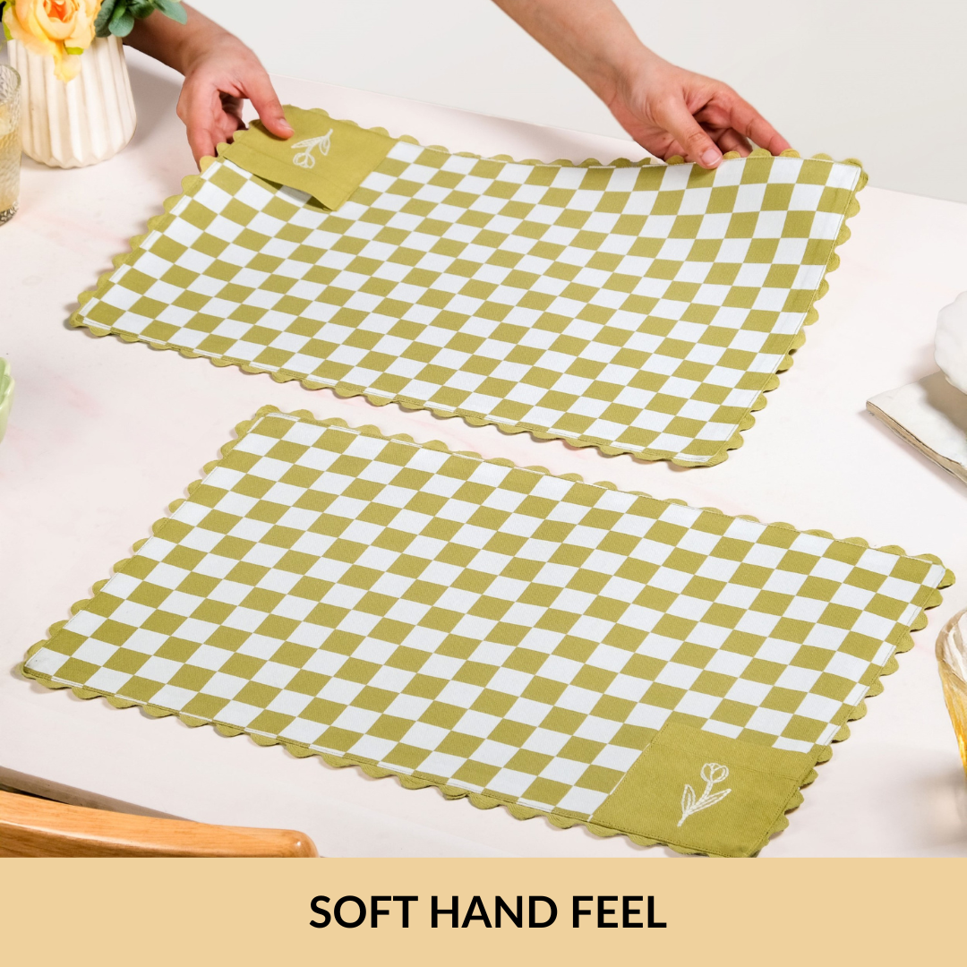 Checkered Embroidered Cotton Table Mat Green Set Of 6 Nestasia