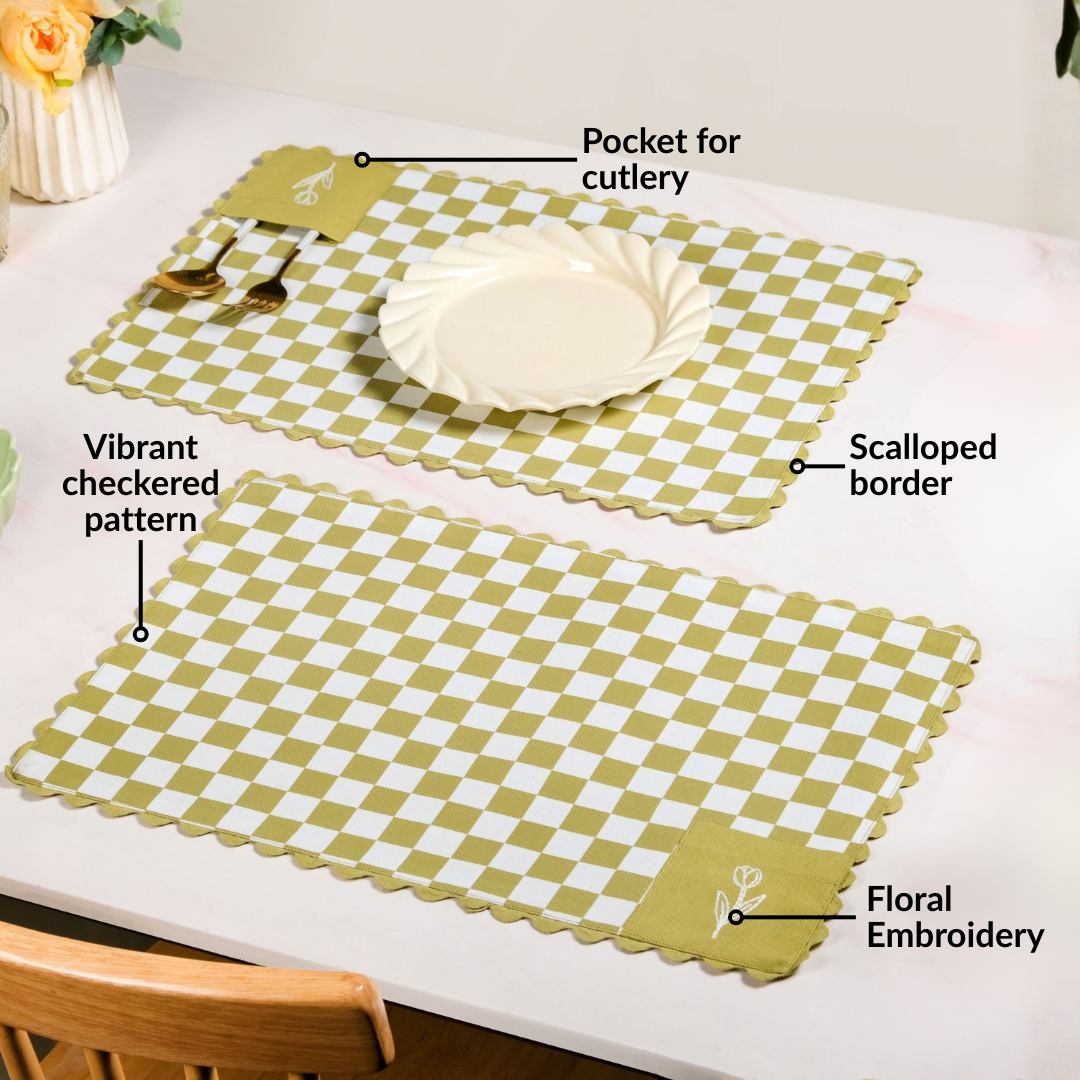 Checkered Embroidered Cotton Table Mat Green Set Of 6 Nestasia