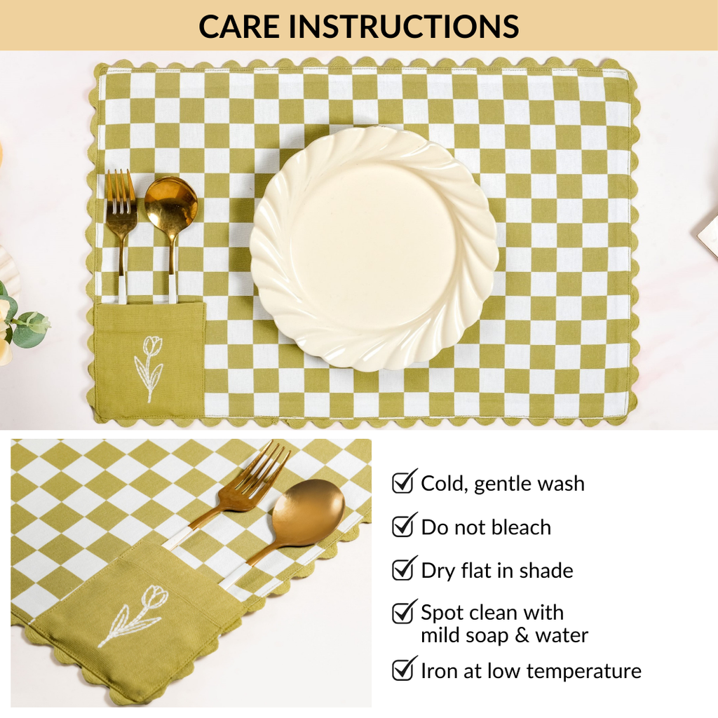 Checkered Embroidered Cotton Table Mat Green Set Of 6 Nestasia