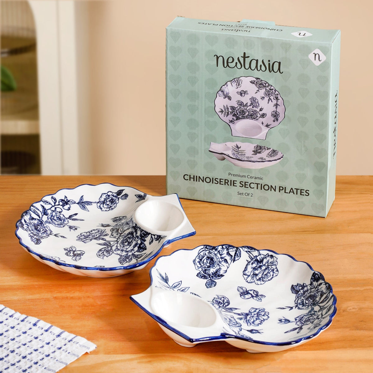 Chinoiserie Blue Ceramic Section Plates Set Of 2 Nestasia