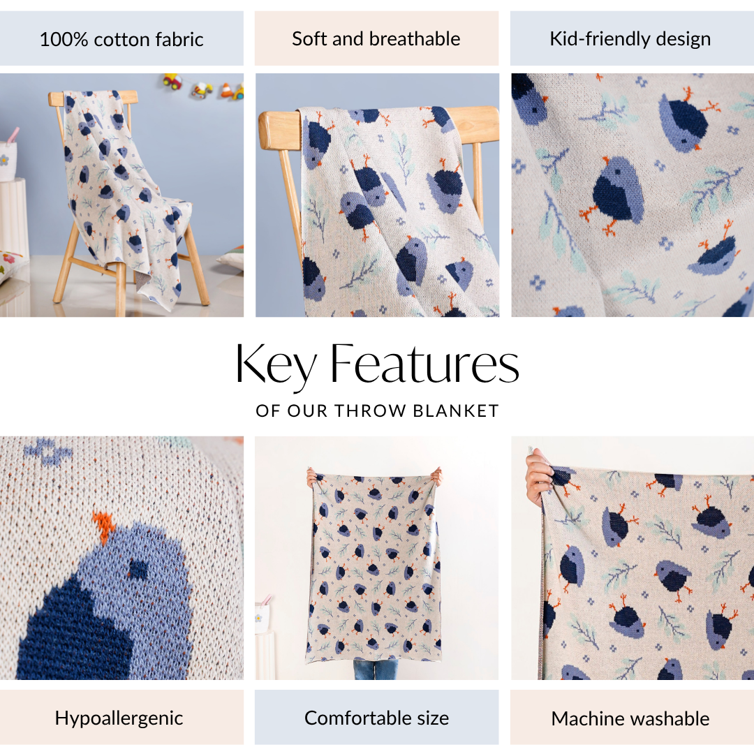 Chirpy Bluebird Knitted Cotton Throw For Toddlers 102x76cm Nestasia