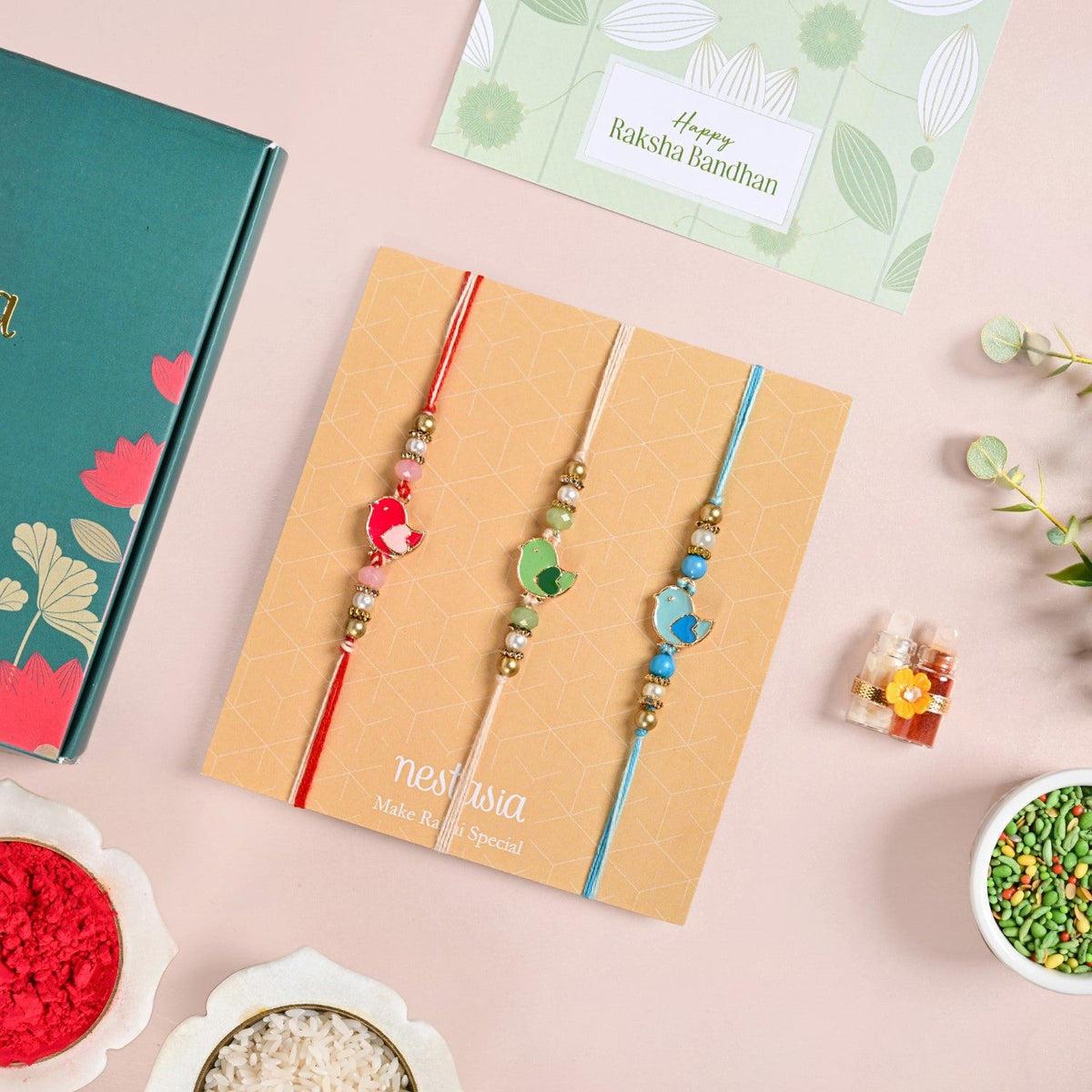 Chirpy Charm Trio Rakhi Gift Set Nestasia