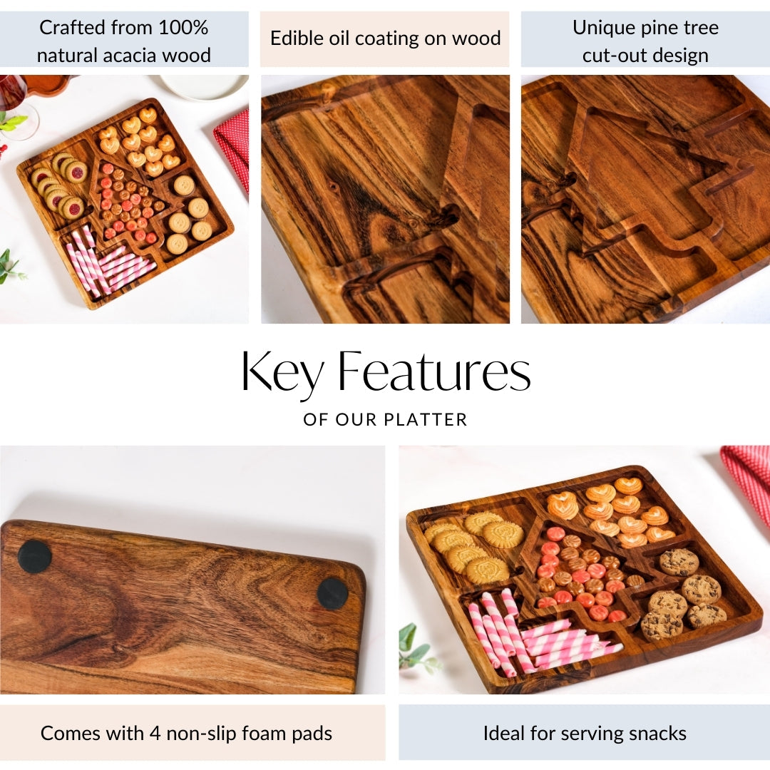 Christmas Tree Acacia Wood Serving Platter 30x30cm Nestasia