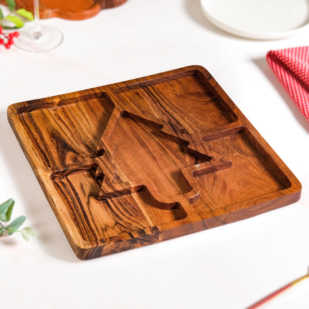 Christmas Tree Acacia Wood Serving Platter 30x30cm Nestasia