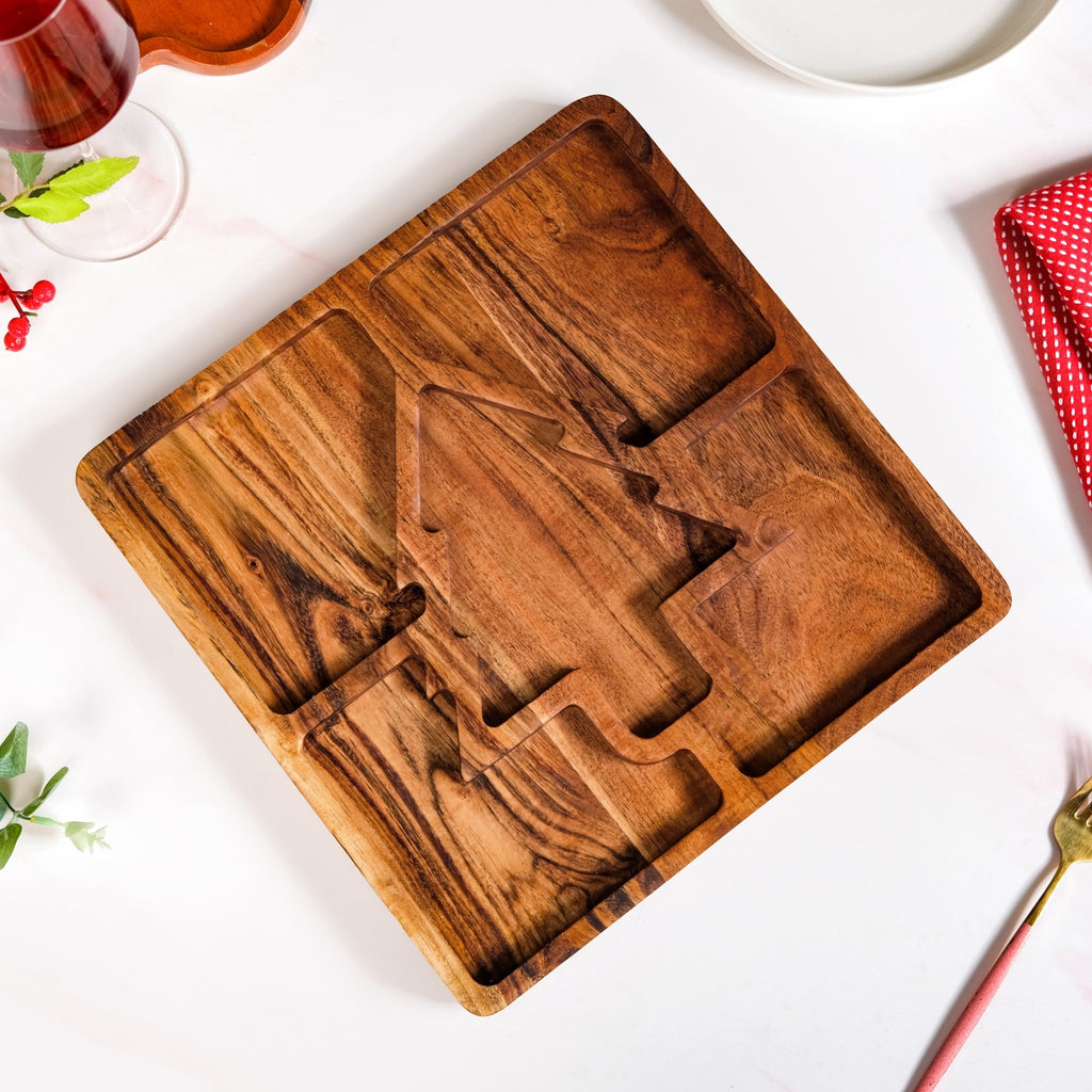 Christmas Tree Acacia Wood Serving Platter 30x30cm Nestasia