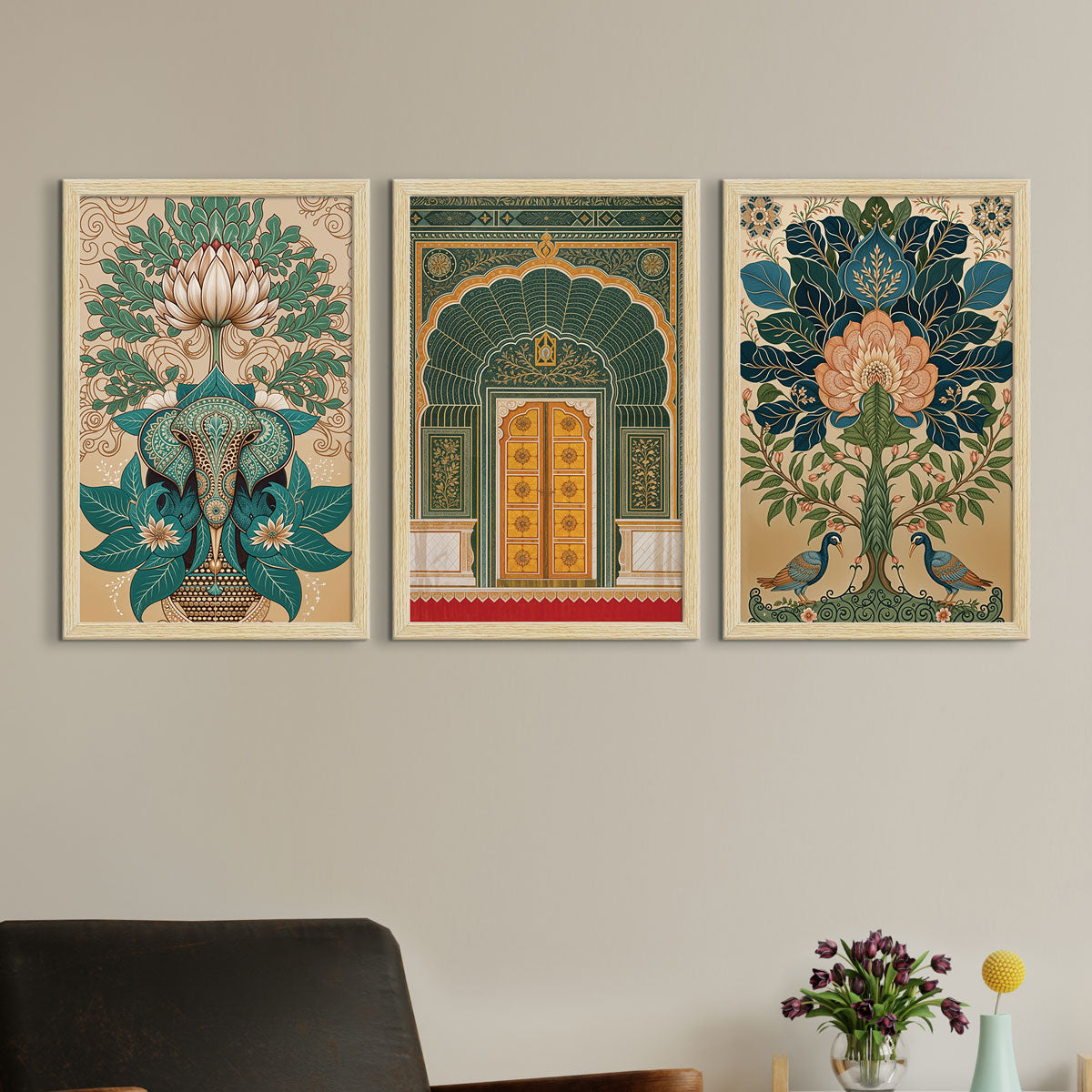Floral Abstract Madhubani Art Paintings, Painting For Wall Living Room, Set of 3 AXIII-39 ArtX