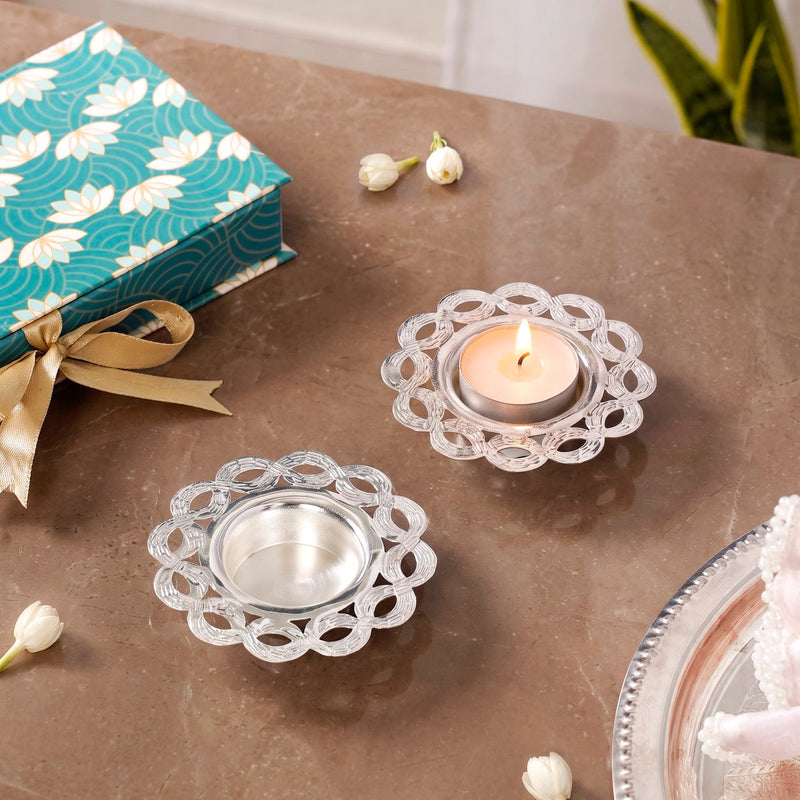 Classic Silver Plated Brass Tealight Holder Set Of 2 In Gift Box Nestasia