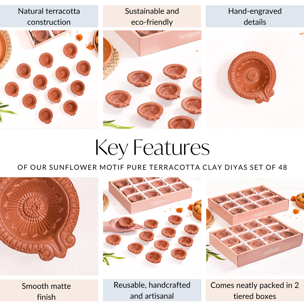 Sunflower Motif Pure Terracotta Clay Diyas Set Of 48 Nestasia