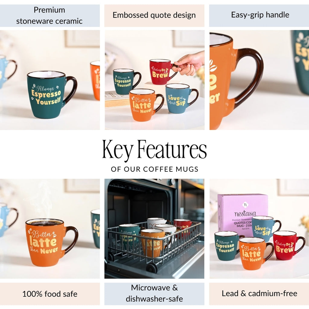Coffee Quotes Ceramic Mug Set Of 4 210ml Nestasia