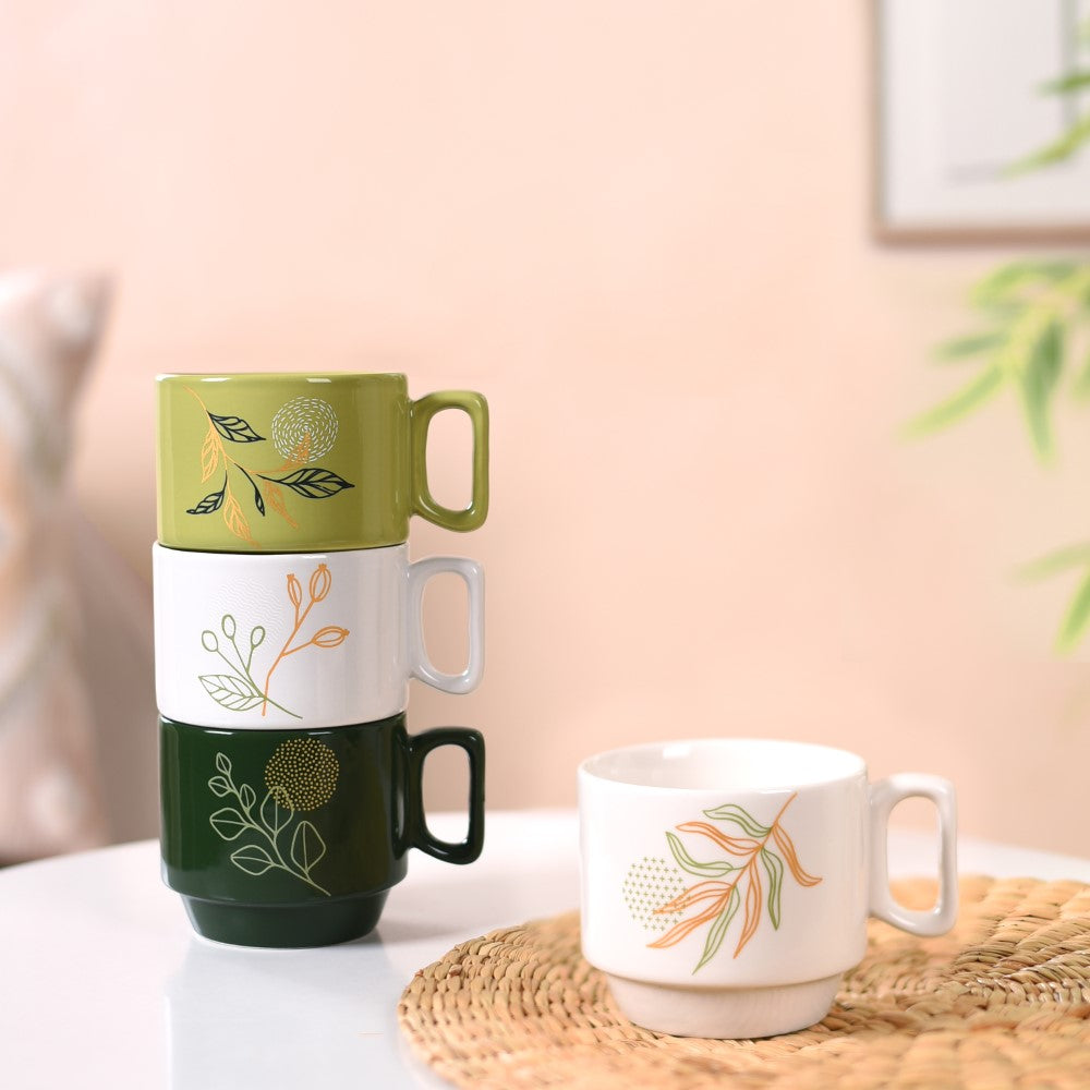 Foliage Stackable Ceramic Coffee Cup Set Of 4 250ml Nestasia