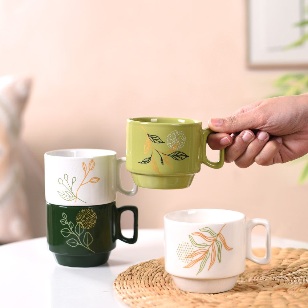 Foliage Stackable Ceramic Coffee Cup Set Of 4 250ml Nestasia