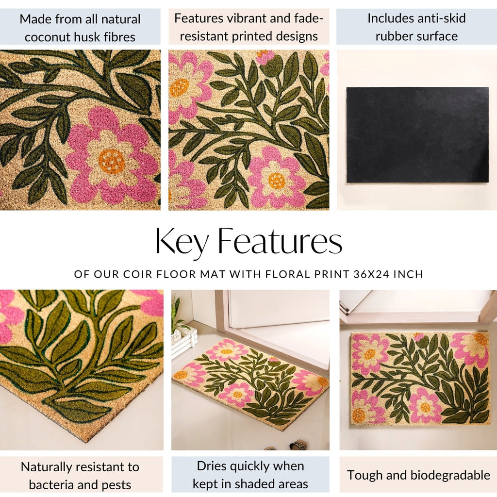 Coir Floor Mat With Floral Print 36x24 Inch Nestasia