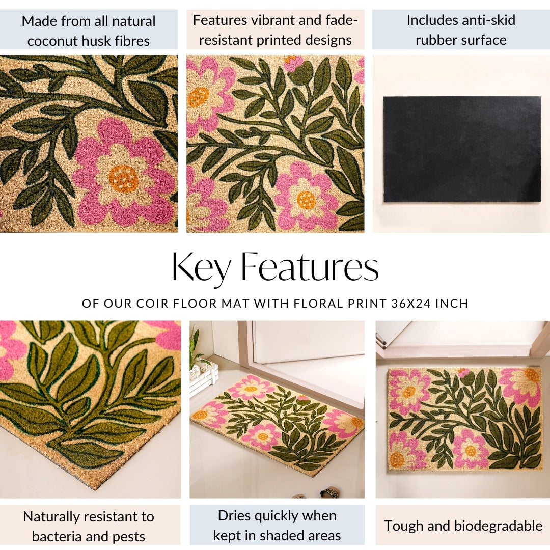 Coir Floor Mat With Floral Print 36x24 Inch Nestasia