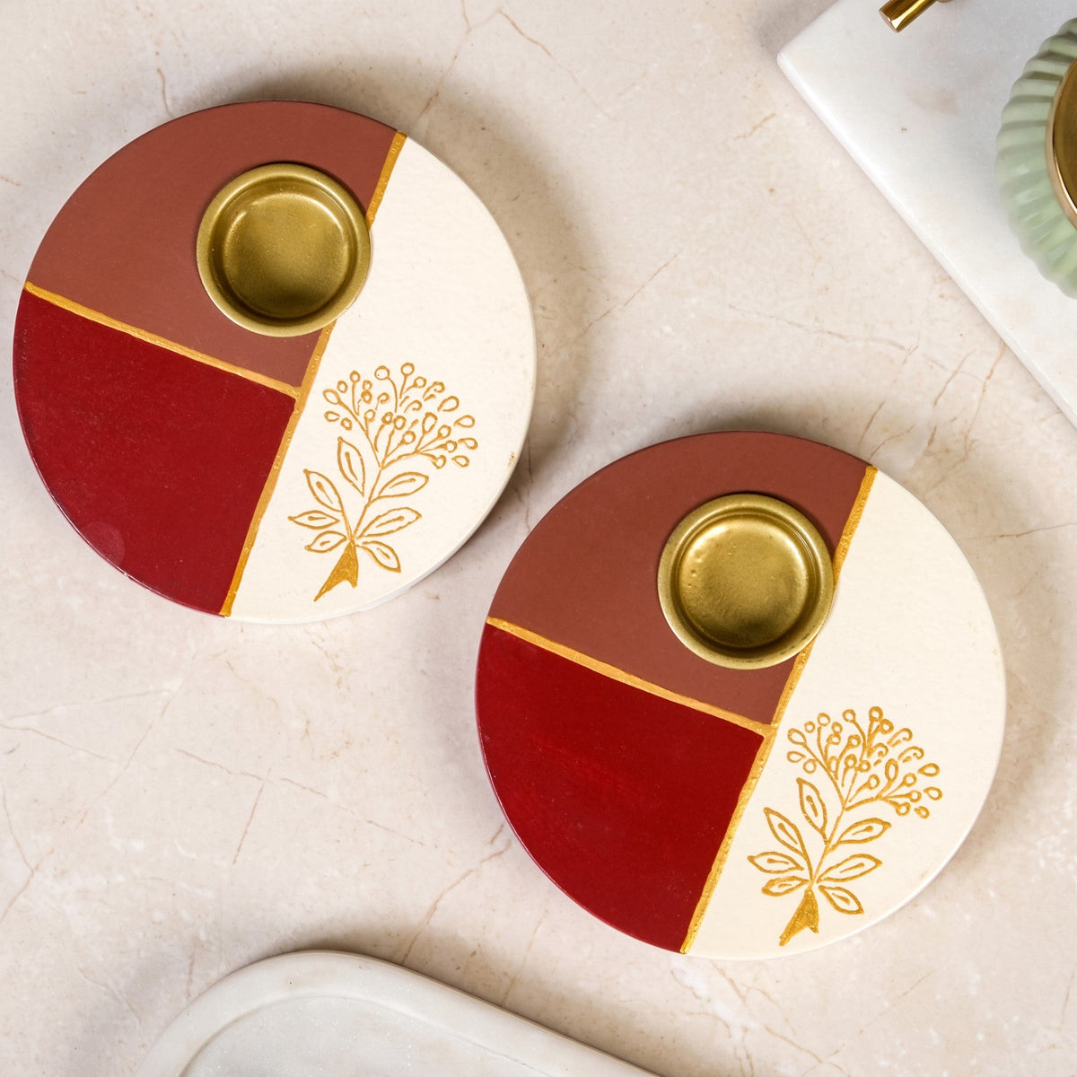Colour Block Handpainted Tealight Holder Set Of 2 Nestasia