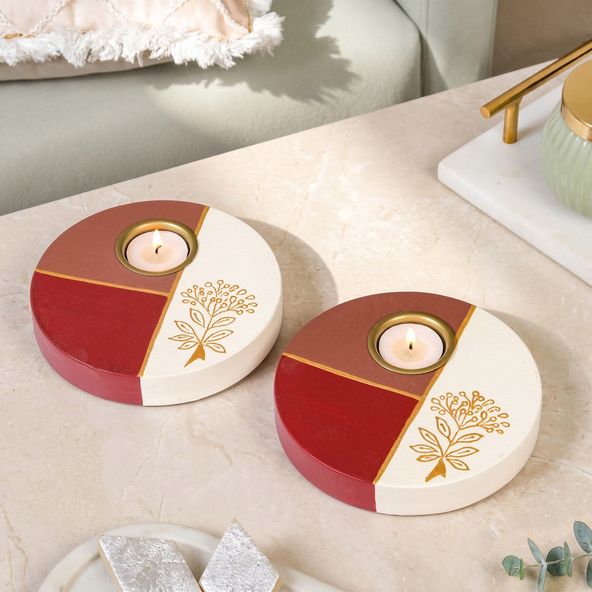 Colour Block Handpainted Tealight Holder Set Of 2 Nestasia