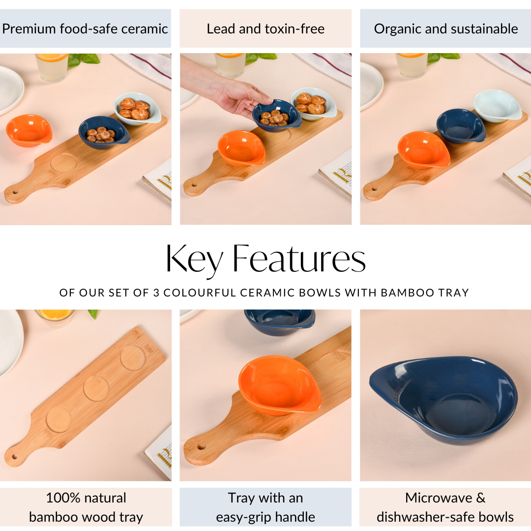 Set Of 3 Colourful Ceramic Bowls With Bamboo Tray 100ml Nestasia