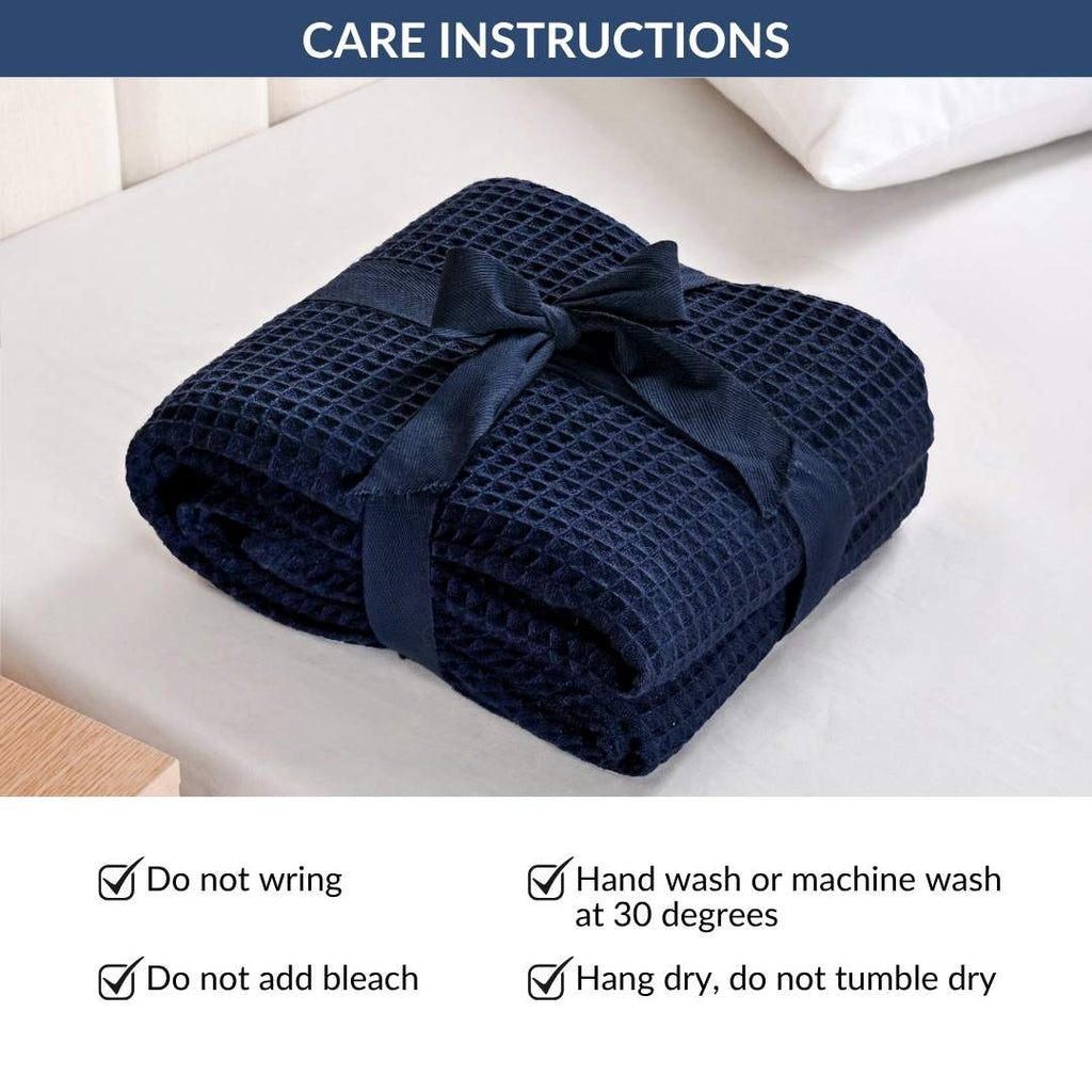Combed Cotton Waffle Sofa Throw Blanket Deep Blue 220x200cm Nestasia