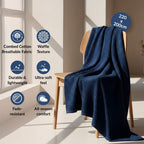 Combed Cotton Waffle Sofa Throw Blanket Deep Blue 220x200cm Nestasia