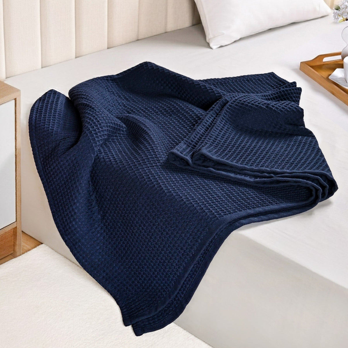 Combed Cotton Waffle Sofa Throw Blanket Deep Blue 220x200cm Nestasia