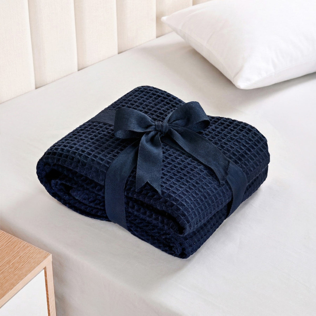 Combed Cotton Waffle Sofa Throw Blanket Deep Blue 220x200cm Nestasia