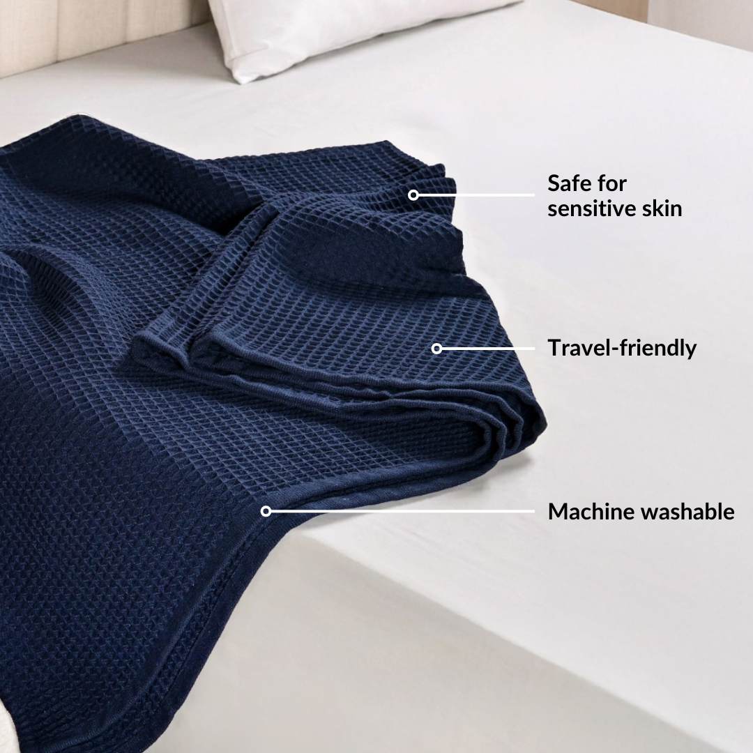 Combed Cotton Waffle Sofa Throw Blanket Deep Blue 220x200cm Nestasia
