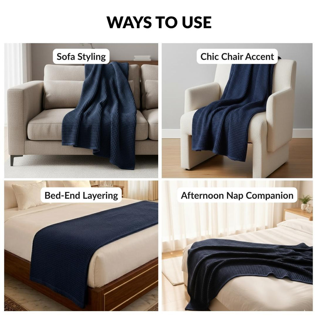 Combed Cotton Waffle Sofa Throw Blanket Deep Blue 220x200cm Nestasia