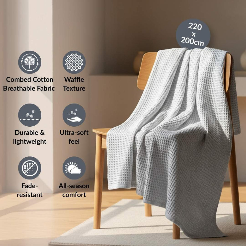 Combed Cotton Waffle Sofa Throw Blanket Light Grey 220x200cm Nestasia